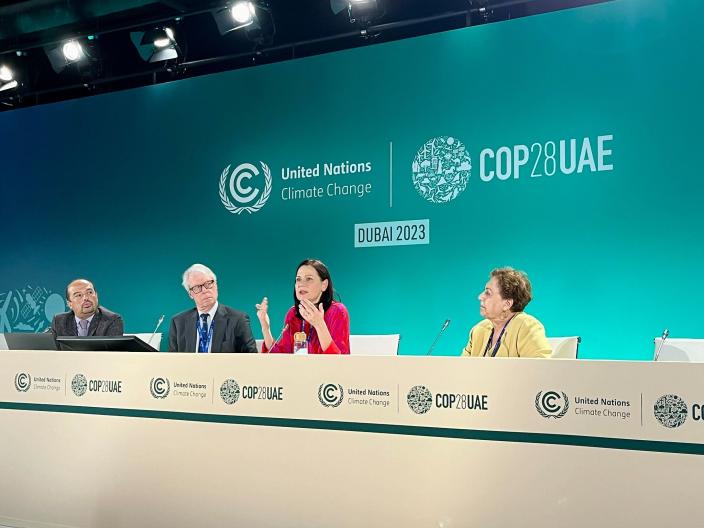 Minna Arve pitämässä puheenvuoroaan Dubain ilmastokokouksessa 2023. Vieressä muut paneelikeskustelun osallistujat tarkkailevat puhujaa. 