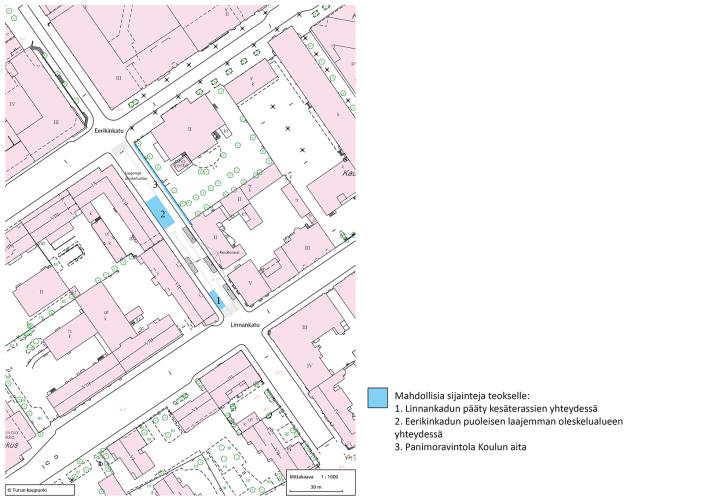 Liitekartta: kesäkadun väliaikainen taideteos. Teoksen mahdolliset sijaintipaikat ovat Linnankadun pääty, Eerikinkadun puoleinen laajempi oleskelualue tai Panimoravintola Koulun aita. (Kuva: Turun kaupunki)