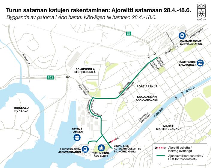 Kartta Turun sataman ympäristöstä ja kiertoreitti suljetun Linnankadun ohi. 