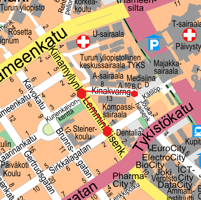 Kiinamyllynkadun ja Lemminkäisenkadun katkaisu kartalla