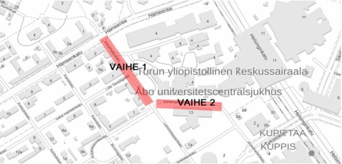 Kiinamyllynkadun remontti ulottuu Hämeenkadulta Lemminkäisenkadun risteyksen ja Joukahaisenkadun väliselle alueelle. (Kuva: Turun kaupunki)