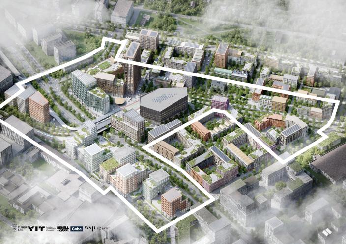 Kupittaan kärjen havainneilmakuva uudella kaavarajauksella. (Kuva: Turun kaupunki, Lundén Architecture Company, Renell Käppi Arkkitehdit &amp; Cobe)