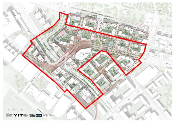 Kupittaan kärjen suunnittelualueen uusi kaavarajaus. (Kuva: Turun kaupunki, Lunden Architecture Company, Renell Käppi Arkkitehdit &amp; Cobe)
