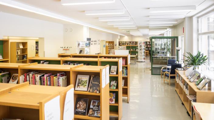 Kirjahyllyjä Pansion kirjastossa. (Kuva: Jussi Virkkumaa)