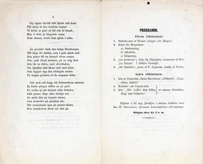 Konserttiohjelman aukeamassa vasemmalla runon teksti, oikealla konsertin ohjelma. (Kuva: Turun kaupunginmuseo)