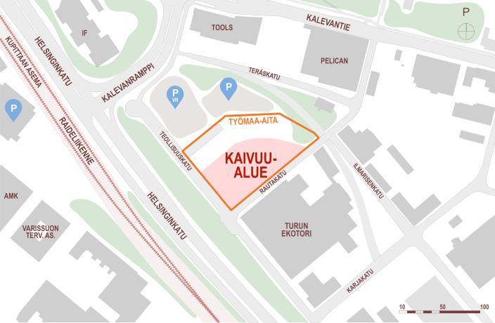 Karttakuva johon on merkattu Teollisuuskadun ja Rautakadun risteyksessä sijaitseva työmaa-alue. (Kuva: Turun kaupunki)