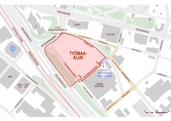 Karttakuva Kupittaan kärjen työmaajärjestelyistä.