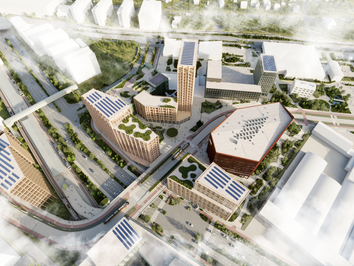 Havainnekuvassa on ylhäältä kuvattuna Kupittaan kärjen rakennuksia ja liikennereittejä. (Kuva: Turun kaupunki, Lundén Architecture Company &amp; Cobe )