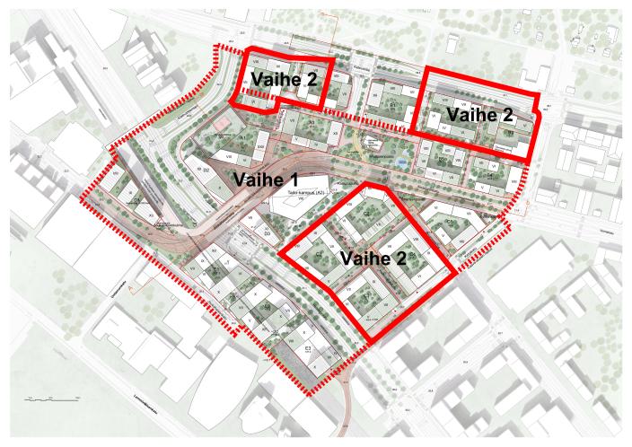 Kupittaan kärjen 1. ja 2. vaiheen kaava-alueet merkattuina kartalle.