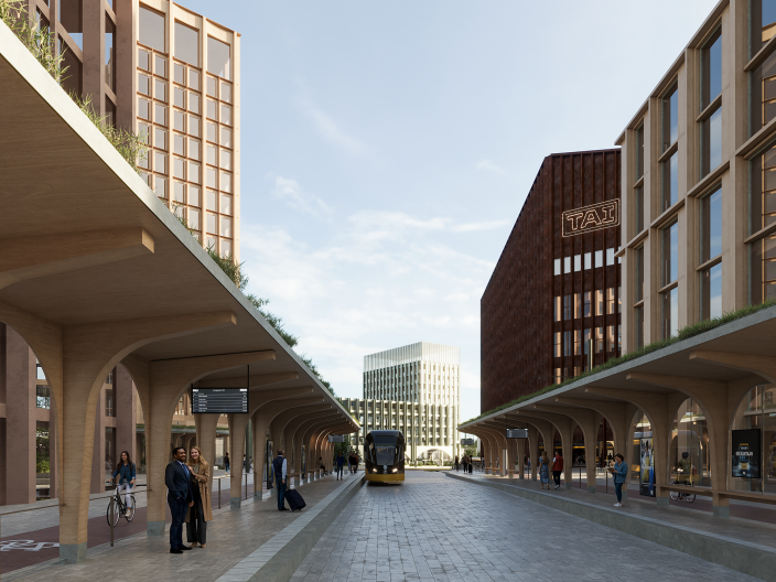 Havainnekuva joukkoliikennekäytävästä ja sen pysäkkikatoksista. (Kuva: Turun kaupunki, Lundén Architecture Company ja Cobe)