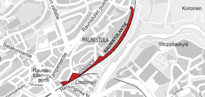 Raunistulantien uudet kävely- ja pyörätiet kartalla.