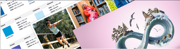 Turku Design System -kuvitusta, jossa maistiaisia Turku800-ilmeestä, väreistä ja valokuvista. (Picture: Turun kaupunki)