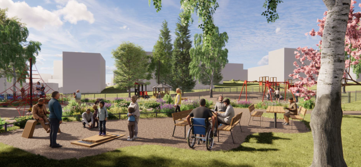 Havainnekuva uudistetusta Raskinpuistosta. (Foto: Turun kaupunki)