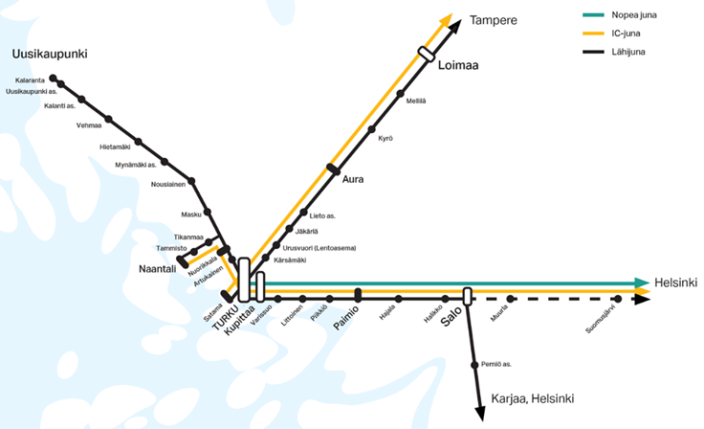 Bilden visar en kartvy med alla planerade närtågsförbindelser i Egentliga Finland. (Foto: Suvi Elo)