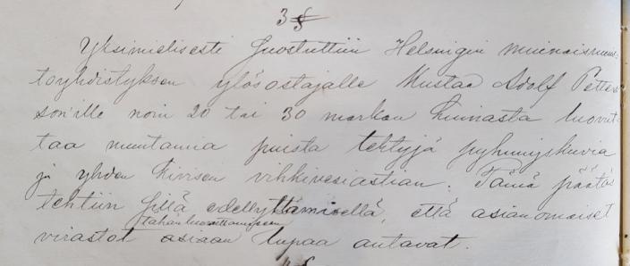 Valokuva vanhasta käsin kirjoitetusta pöytäkirjasta, käsiala on kaunista kaunokirjoitusta. (Kuva: Turun kaupunginmuseo)