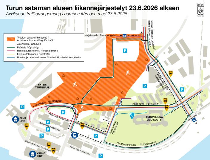 Kartta, jossa on kuvattu laajat työmaa-alueet linnan ja yhteisterminaalin välisellä alueella