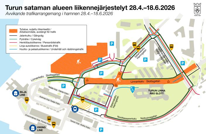 Sataman alueen katutyömaan kartta ja liikennejärjestelyt Linnankadulla