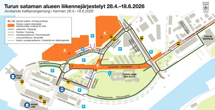 Sataman alueen katutyömaan kartta ja liikennejärjestelyt Linnankadulla