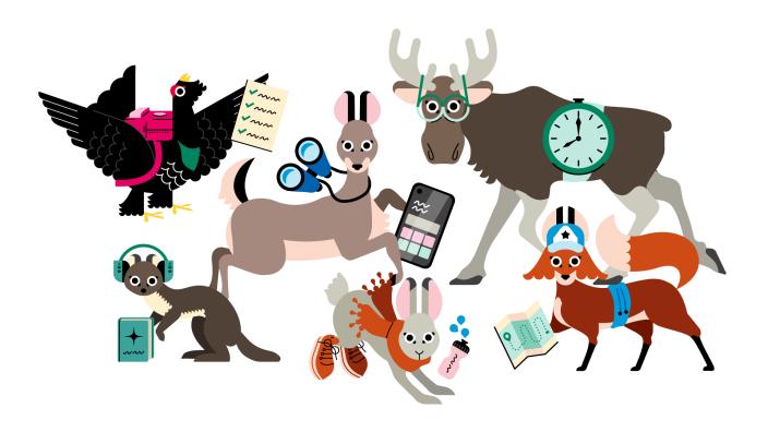 Liikkumisprofiilitestin eri liikkujahahmot.