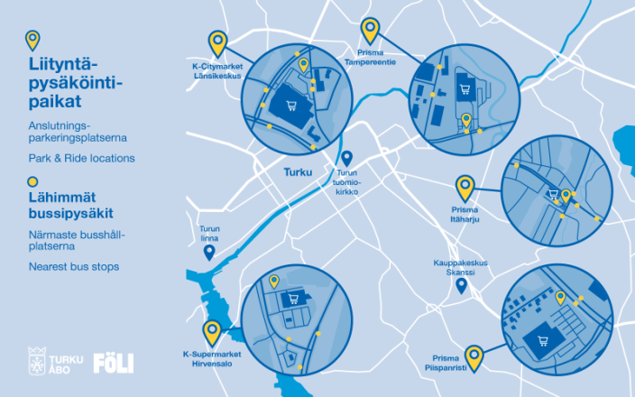 Liityntäpysäköintipaikkojen sijainnit kartalla