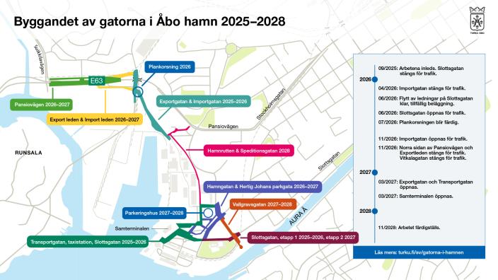 Karta över projektområdet som visar hur arbetet framskrider på en tidslinje.
