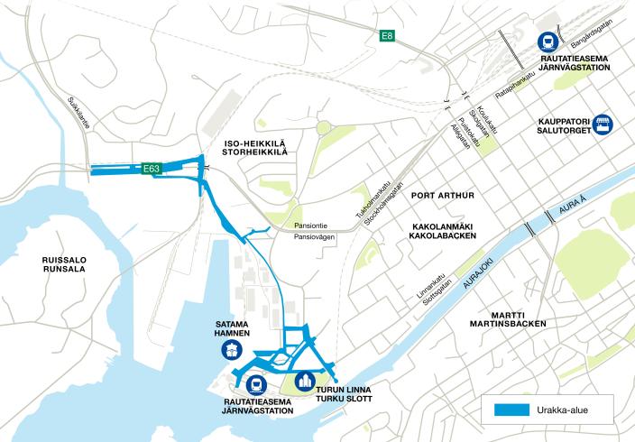 Sataman katujen rakennuttamishankkeen urakka-alue.