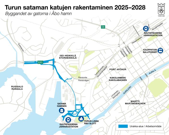 Turun sataman katujen rakentamisalueet kartalla.