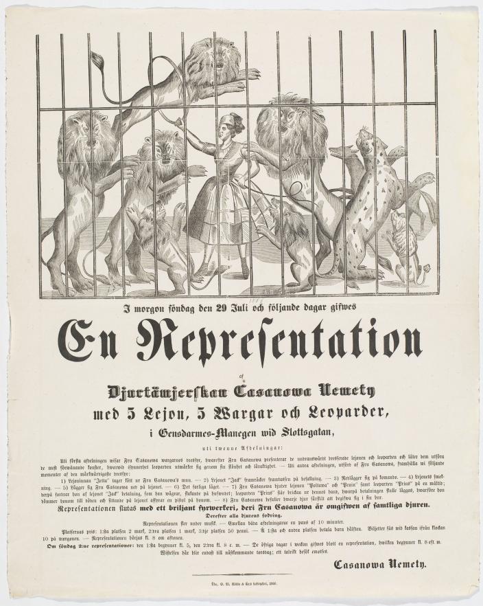 Vanha mustavalkoinen juliste, jonka kuvituksessa nainen esiintyy villieläimien kanssa häkissä. (Kuva: Pihla Kuulas)