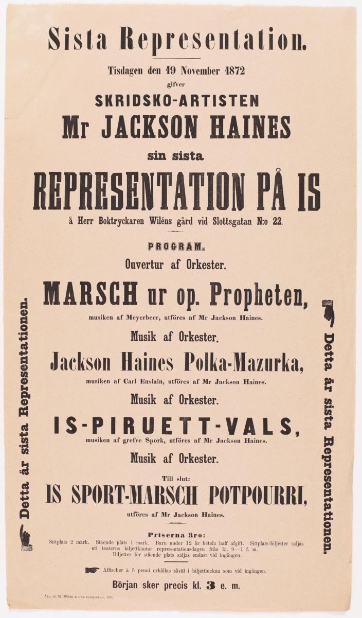 Vanha juliste jossa runsaasti tekstiä ruotsiksi, otsikko Representation på is. (Kuva: Veera Laukkanen)