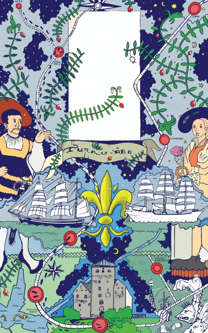 Matti Lankisen taideteos, jossa on historiallista ja merellistä Turku-aiheista kuvitusta. (Kuva: Matti Lankinen)