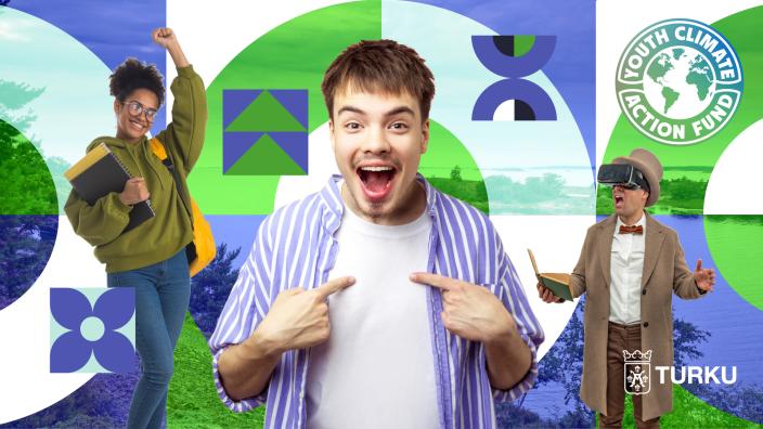 Graafisten elementtien keskellä kolme nuorta, joista keskimmäinen on atualalla. (Kuva: Turun kaupunki)