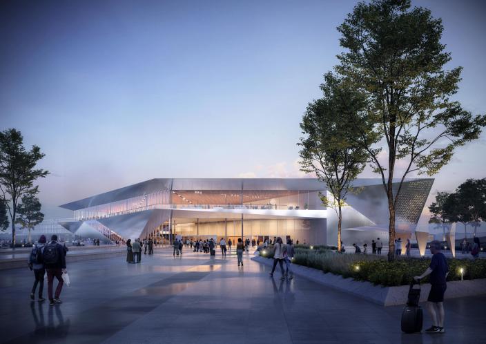 Havainnekuvassa sataman tuleva yhteisterminaalirakennus. (Kuva: PES-Arkkitehdit)