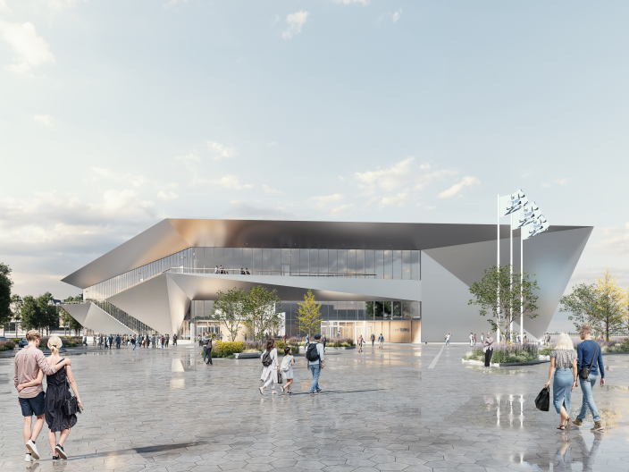 Havainnekuva origamin muodoista innoituksensa saaneesta terminaalirakennuksesta. (Kuva: PES-Arkkitehdit)