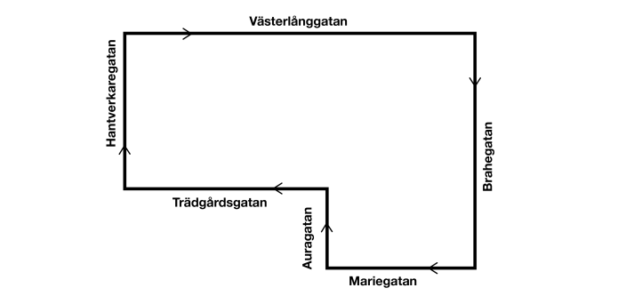 Kartan om penkis körrutten: Hantverkare- och Trädgårdsgatans korsning – Hantverkaregatan – Västerlånggatan – Brahegatan – Mariegatan – Auragatan – Trädgårdsgatan.