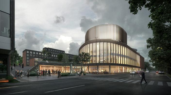 Havainnekuva: Turun musiikkitalon pääsisäänkäynti.  (Kuva: Havainnekuva: PES-Arkkitehdit)