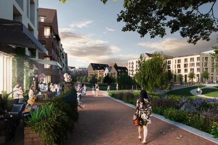 Havainnekuvassa Pihlajaniemen asuinalueen matalia taloja ja viheraluerakentamista. (Foto: Visualisointi: Tietoa Finland Oy)