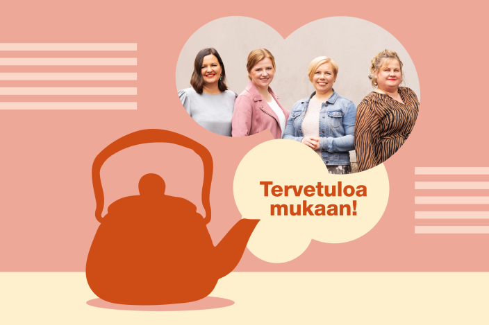 Apulaispormestarit Elina Rantanen ja Sini Ruohonen, pormestari Piia Elo ja apulaispormestari Mirka Muukkonen julisteen kuvituksessa sekä teksti Tervetuloa mukaan ja kahvipannupiirros. (Kuva: Suvi Elo)