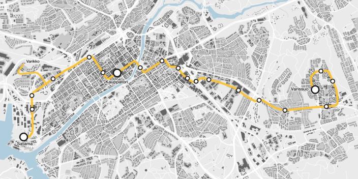 Kartta Satama-Varissuo-linjalle suunnitellusta raitiotiestä.