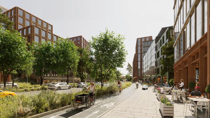 Havainnekuva, jossa autoja vehreällä bulevardilla ja ihmisiä pyöräilemässä ja istumassa terassilla kadun laidalla. (Kuva: Turun kaupunki, Lunden Architecture Company, Renell Käppi Arkkitehdit ja Cobe)