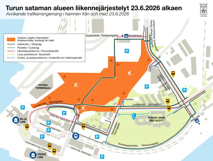 Sataman alueen katutyömaan kartta ja liikennejärjestelyt