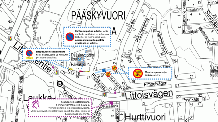 Havainnekarttakuva Pääskyvuoren syksyn 2025 kokeilusta, jossa autoliikennettä rauhoitetaan. (Kuva: Anna-Kaisa Montonen)
