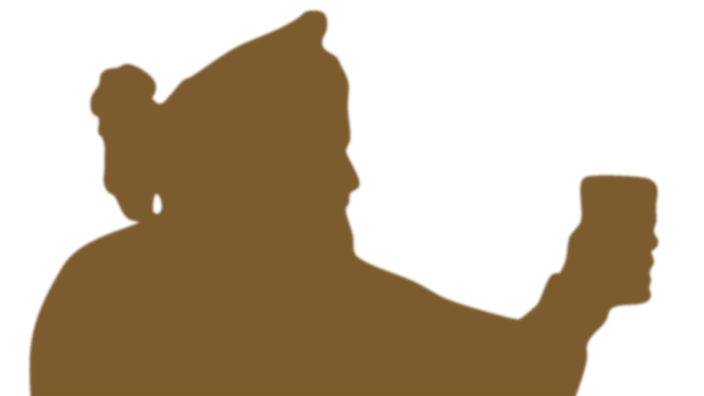 Piirretty silhuettikuva esittää historiallisiin vaatteisiin pukeutunutta henkilö, joka nostaa maljaa. (Kuva: Turun kaupunginmuseo, Turun linna)