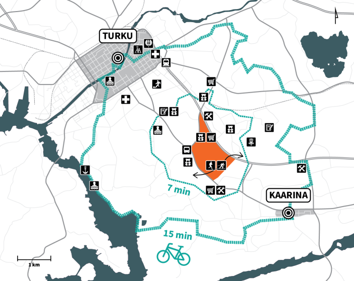 Kartta, johon on esitetty Skanssin kaupunginosan sijainti ja saavutettavuus polkupyörällä