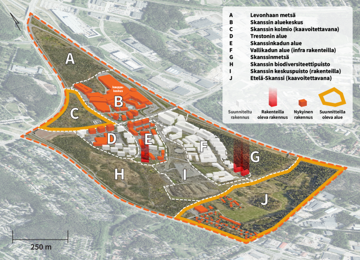 Kartta, johon on esitetty Skanssin kaupunginosan kehittämisen tilanne ja valmiit rakennukset.