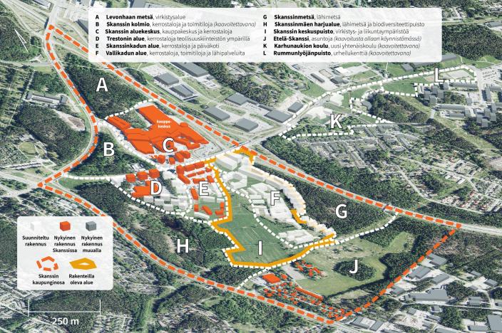Skanssin kaupungiosan laajentuminen jatkuu keskuspuiston ja Vallikadun alueen rakentamisella. (Kuva: Sweco PM Oy/Lauri Salonen)