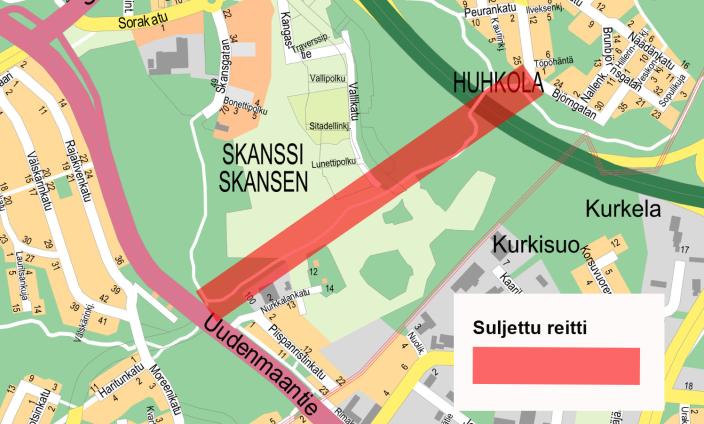 Skanssissa työmaan vuoksi suljettuna oleva reitti.