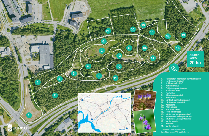 Skanssin biodiversiteettipuiston luonnonhoidon vyöhykkeet kuvattuna alueen karttakuvassa. (Foto: Jere Nieminen / Villi Vyöhyke ry)
