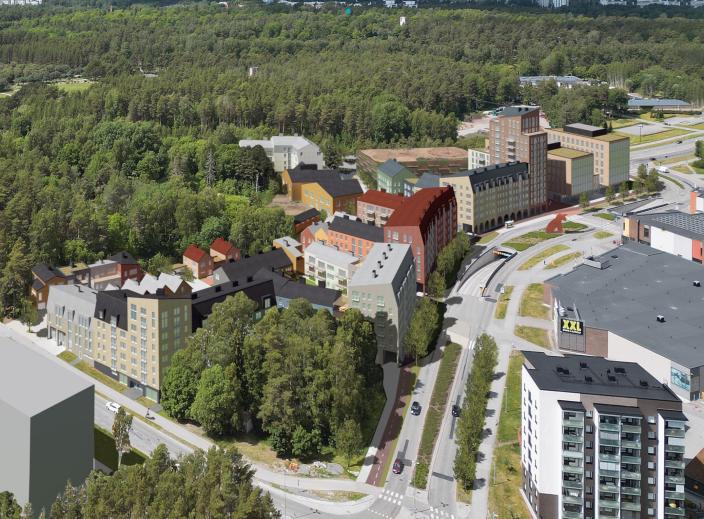 Viistoilmakuvaupotus Skanssin kolmion asemakaavan mukaisesta rakentamisesta.