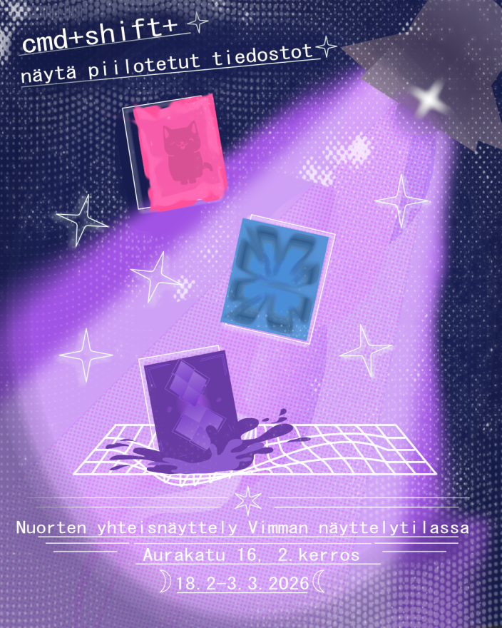 Kuvassa on grafiikkaa, jossa valokeila osuu teoksiin. (Kuva: Turun kaupunki)