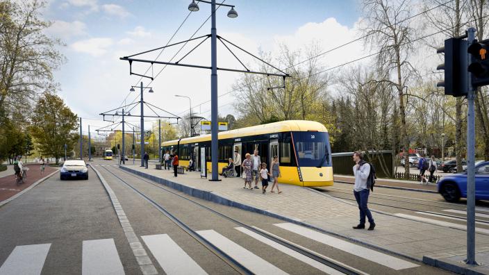 Havainnekuva raitiotiestä kulkemassa Suurpäänkadulla.